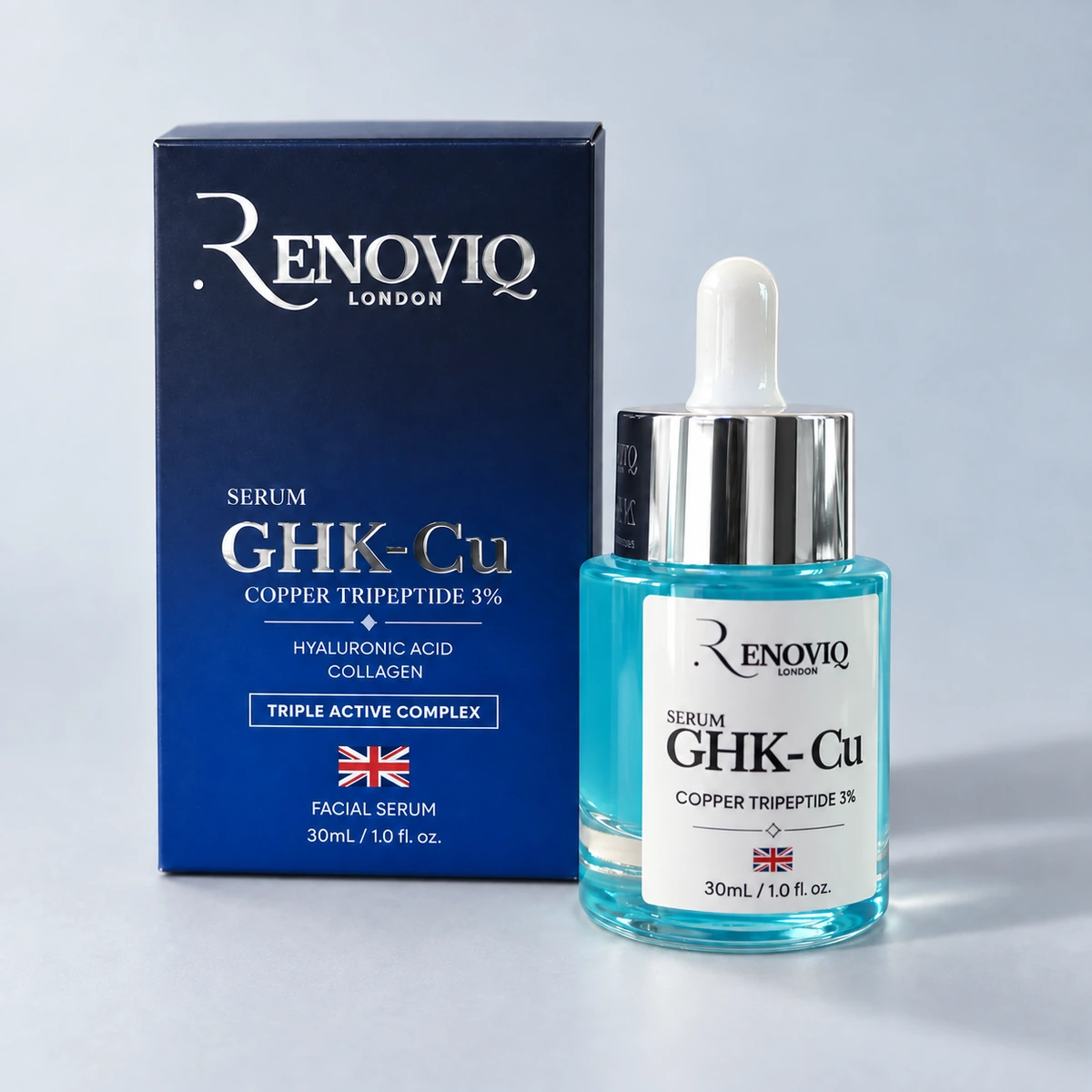 Renoviq GHK-Cu bottle and silver-foil carton, angled detail